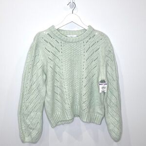 Elodie Mint Pointelle Knit Long Sleeve Crewneck Sweater
